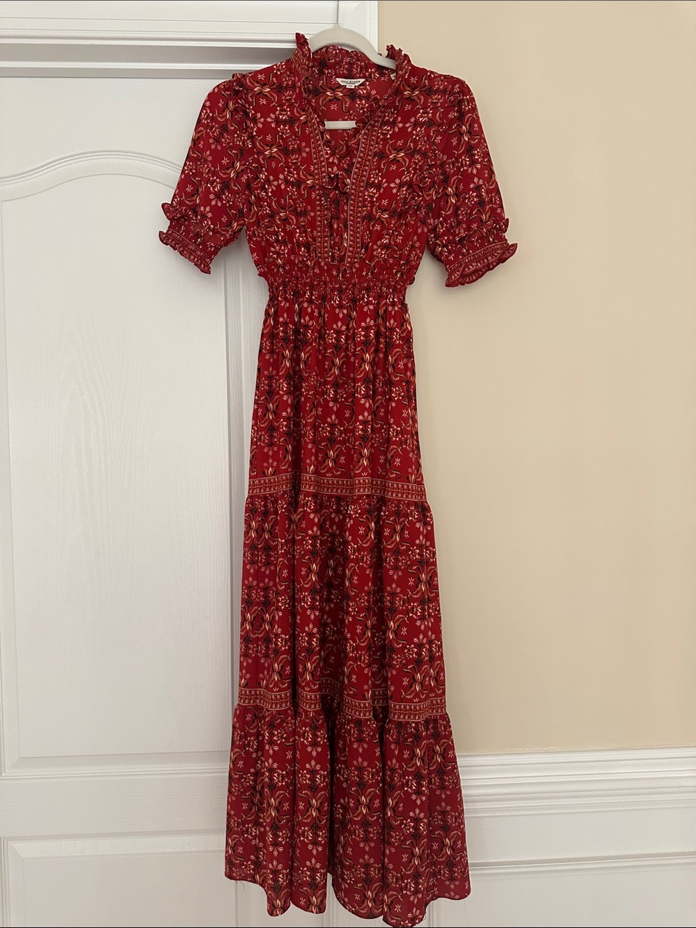 Max Studio Red Floral Print Maxi Dress with Smocked Waist